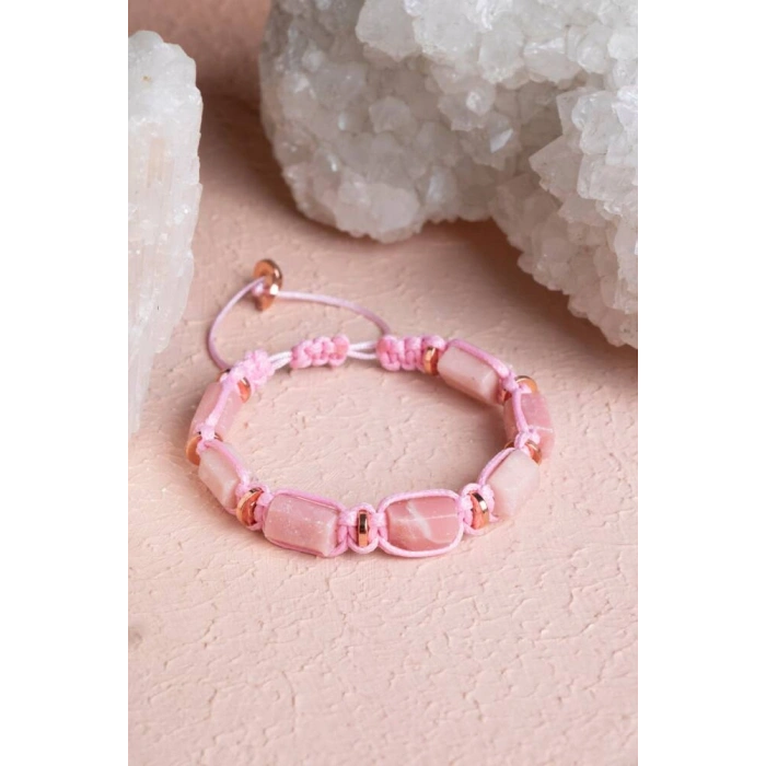 Sertifikalı Pembe Opal, Hematit Doğal Taş Makrome Bileklik