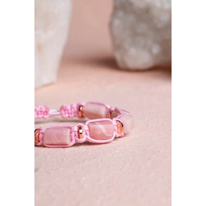 Sertifikalı Pembe Opal, Hematit Doğal Taş Makrome Bileklik
