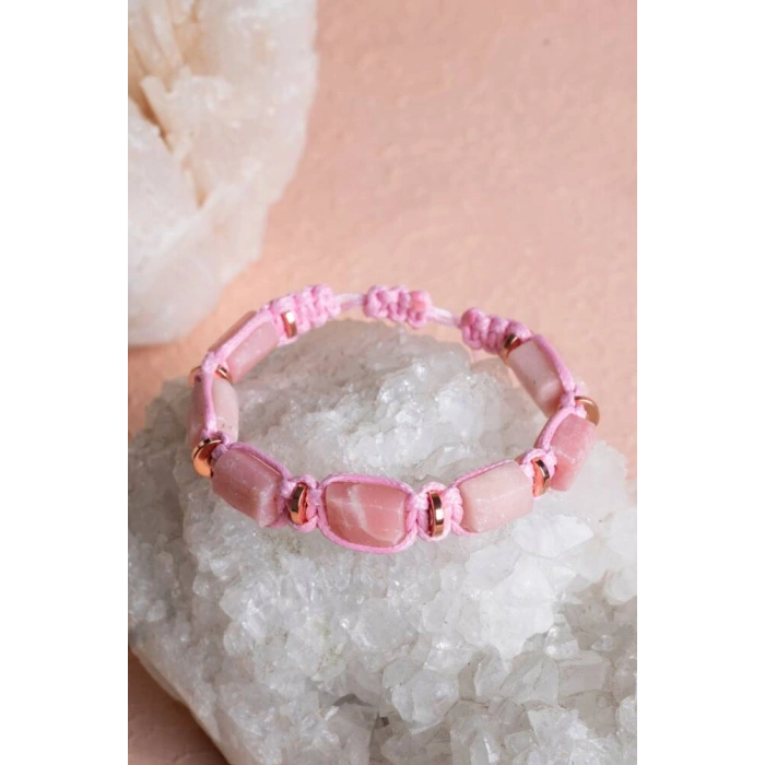 Sertifikalı Pembe Opal, Hematit Doğal Taş Makrome Bileklik