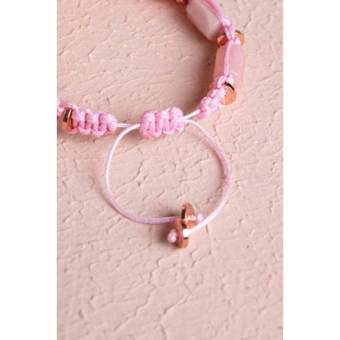 Sertifikalı Pembe Opal, Hematit Doğal Taş Makrome Bileklik