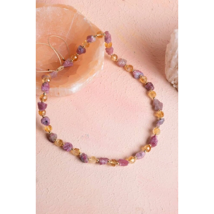 Sertifikalı Pembe Turmalin, Sitrin Doğal Taş Makrome Kolye (SK:090)