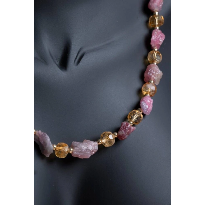 Sertifikalı Pembe Turmalin, Sitrin Doğal Taş Makrome Kolye (SK:090)