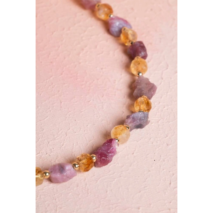 Sertifikalı Pembe Turmalin, Sitrin Doğal Taş Makrome Kolye (SK:090)