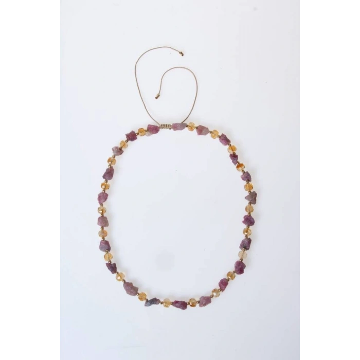 Sertifikalı Pembe Turmalin, Sitrin Doğal Taş Makrome Kolye (SK:090)