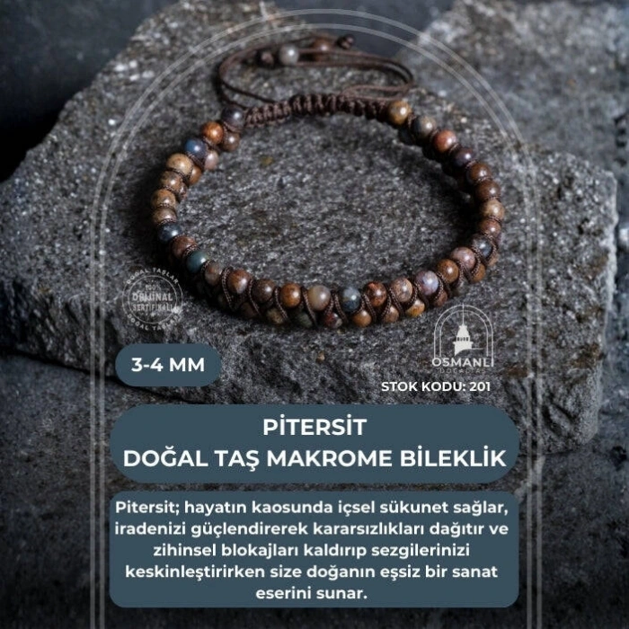 Sertifikalı Pitersit Doğal Taş Makrome Bileklik / 3-4 mm (SK:201)