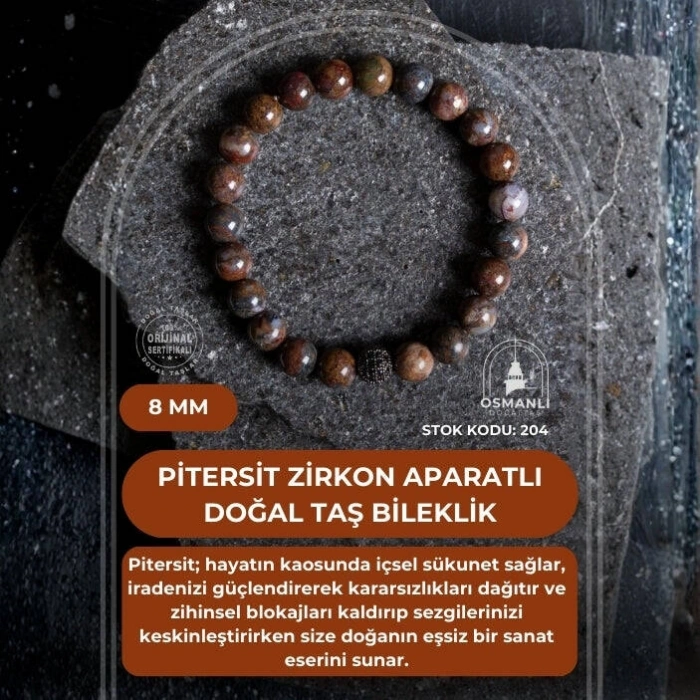 Sertifikalı Pitersit Zirkon Aparatlı Doğal Taş Bileklik-8 mm (SK:204)