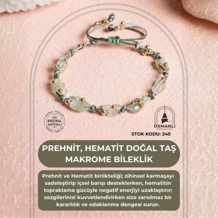 Sertifikalı Prehnit, Hematit Doğal Taş Makrome Bileklik (SK:240)