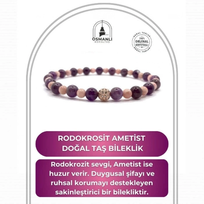Sertifikalı Rodokrozit Ametist Doğal Taş Misinalı Bileklik