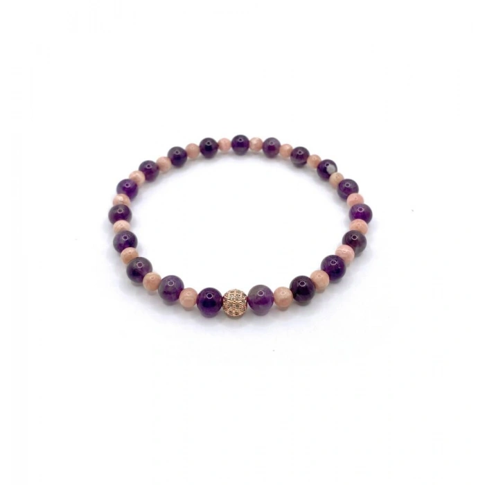 Sertifikalı Rodokrozit Ametist Doğal Taş Misinalı Bileklik