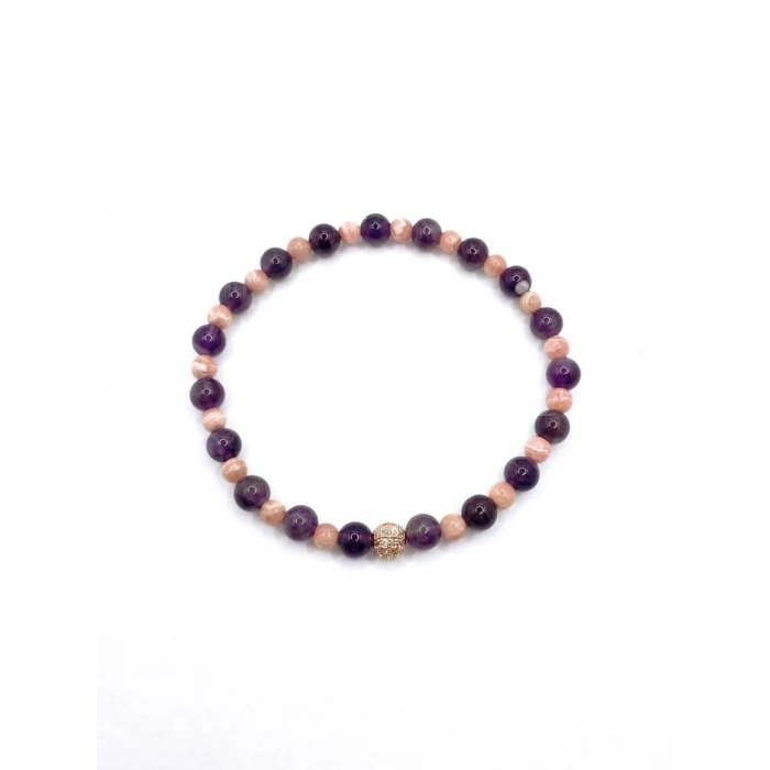 Sertifikalı Rodokrozit Ametist Doğal Taş Misinalı Bileklik