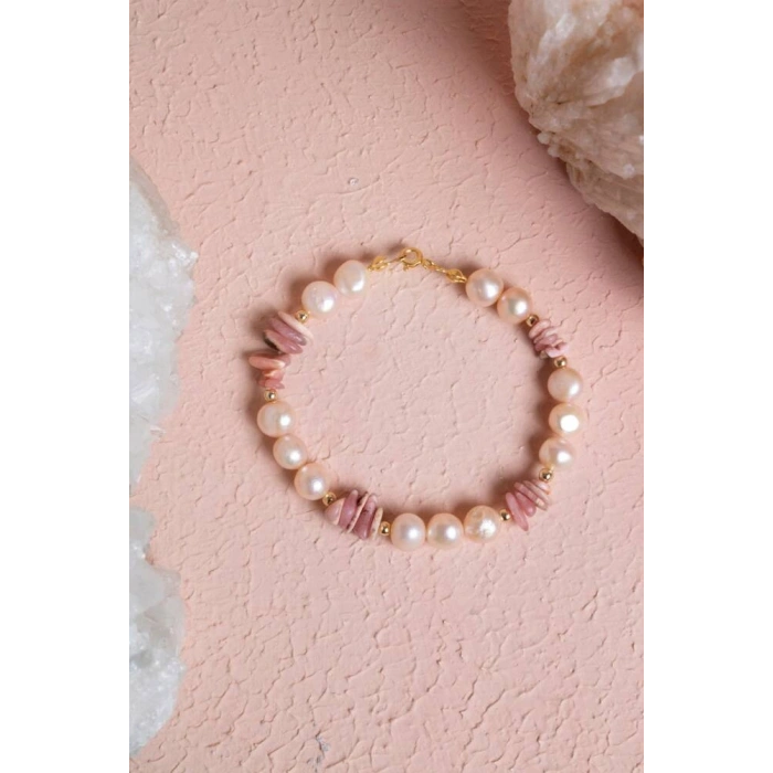 Sertifikalı Rodokrozit, İnci Doğal Taş Gümüş Bileklik