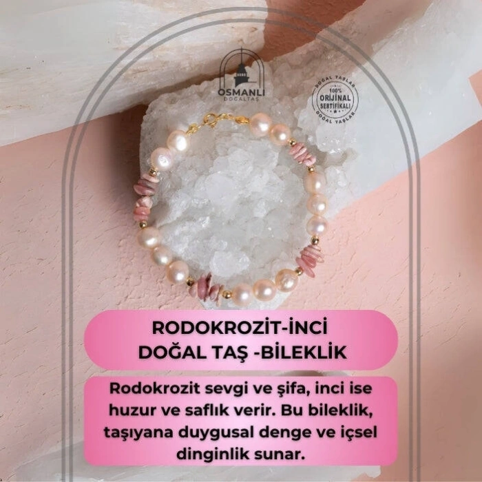 Sertifikalı Rodokrozit, İnci Doğal Taş Gümüş Bileklik