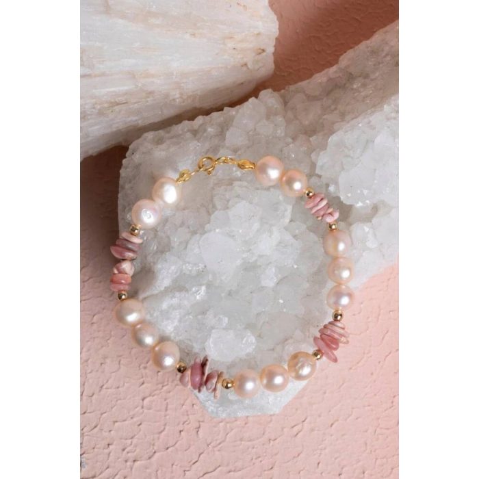 Sertifikalı Rodokrozit, İnci Doğal Taş Gümüş Bileklik