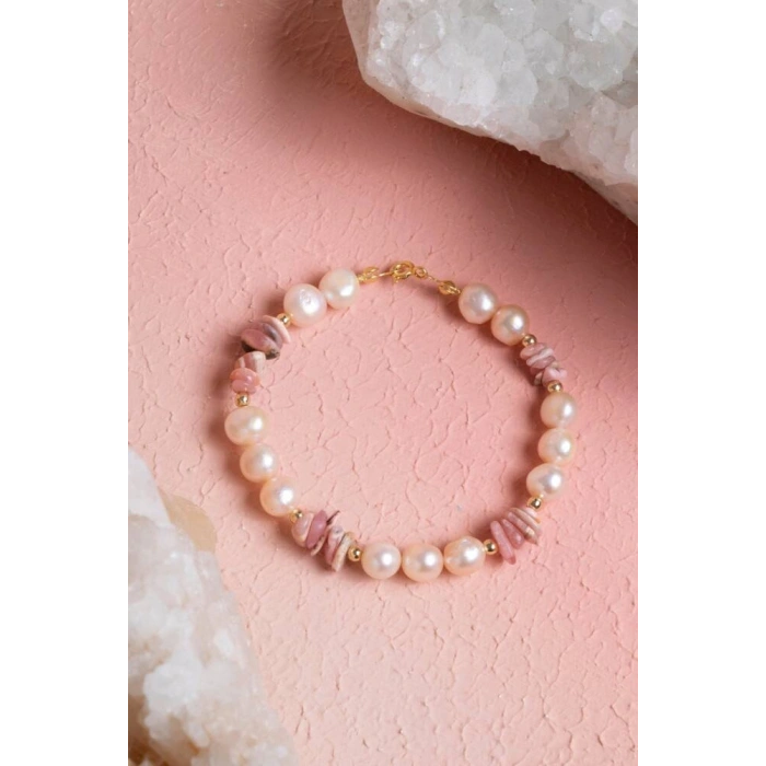 Sertifikalı Rodokrozit, İnci Doğal Taş Gümüş Bileklik