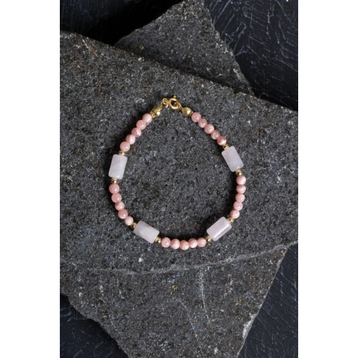 Sertifikalı Rodokrozit, Pembe Kuvars, Hematit Doğal Taş Bileklik