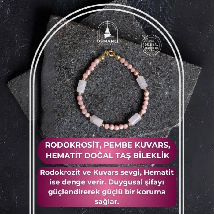 Sertifikalı Rodokrozit, Pembe Kuvars, Hematit Doğal Taş Bileklik