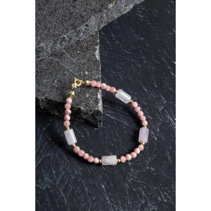 Sertifikalı Rodokrozit, Pembe Kuvars, Hematit Doğal Taş Bileklik