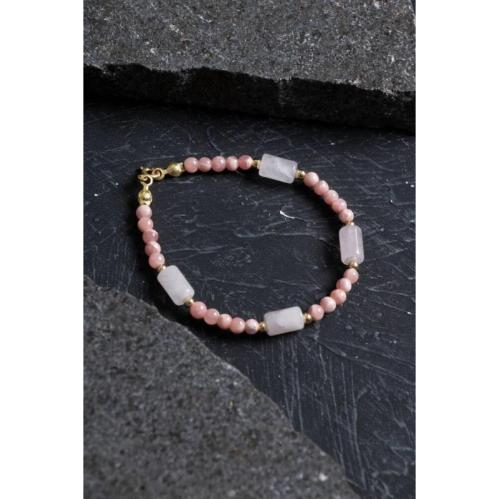 Sertifikalı Rodokrozit, Pembe Kuvars, Hematit Doğal Taş Bileklik