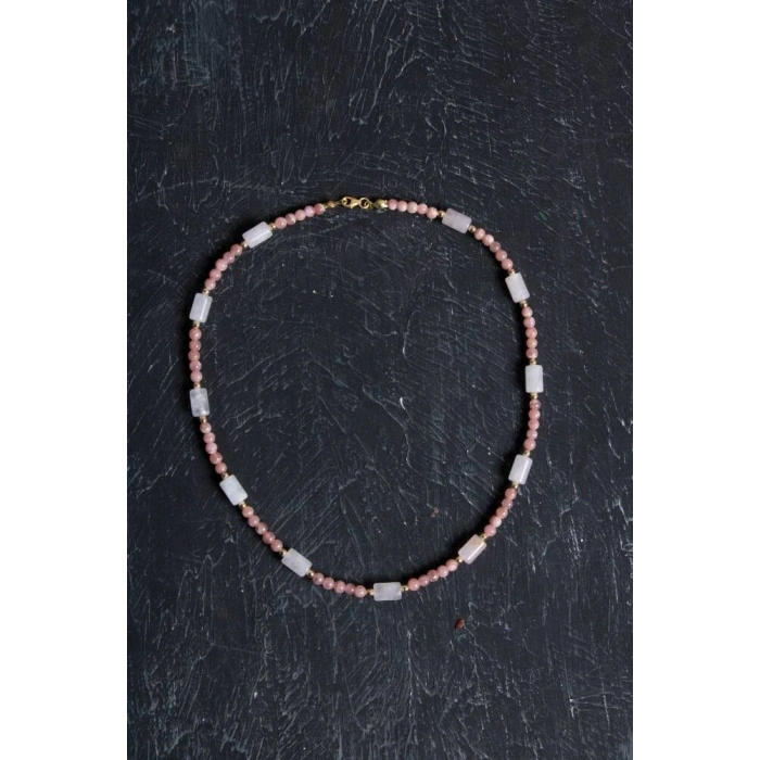 Sertifikalı Rodokrozit, Pembe Kuvars, Hematit Doğal Taş Kolye