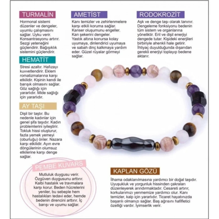 Sertifikalı Rodokrozit, Pembe Kuvars, Hematit Doğal Taş Kolye