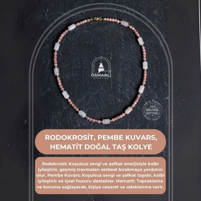 Sertifikalı Rodokrozit, Pembe Kuvars, Hematit Doğal Taş Kolye