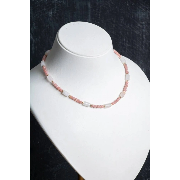 Sertifikalı Rodokrozit, Pembe Kuvars, Hematit Doğal Taş Kolye