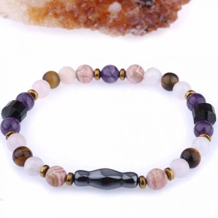 Sertifikalı Rodokrozit, Pembe Kuvars, Hematit Doğal Taş Kolye