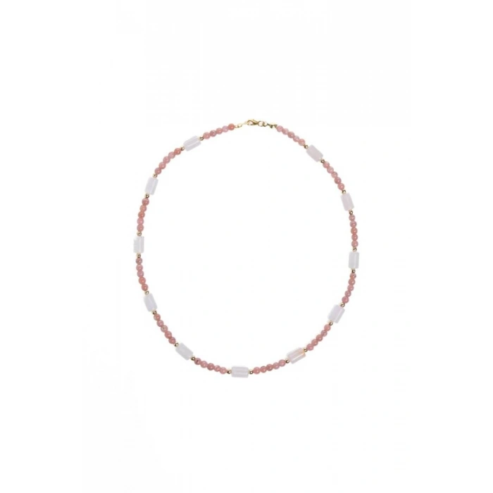 Sertifikalı Rodokrozit, Pembe Kuvars, Hematit Doğal Taş Kolye