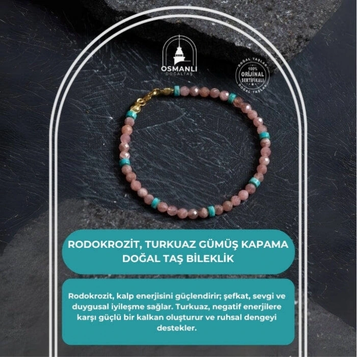 Sertifikalı Rodokrozit, Turkuaz Gümüş Kapama Doğal Taş Bileklik