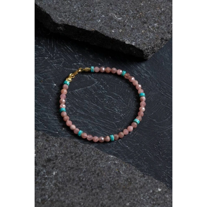 Sertifikalı Rodokrozit, Turkuaz Gümüş Kapama Doğal Taş Bileklik