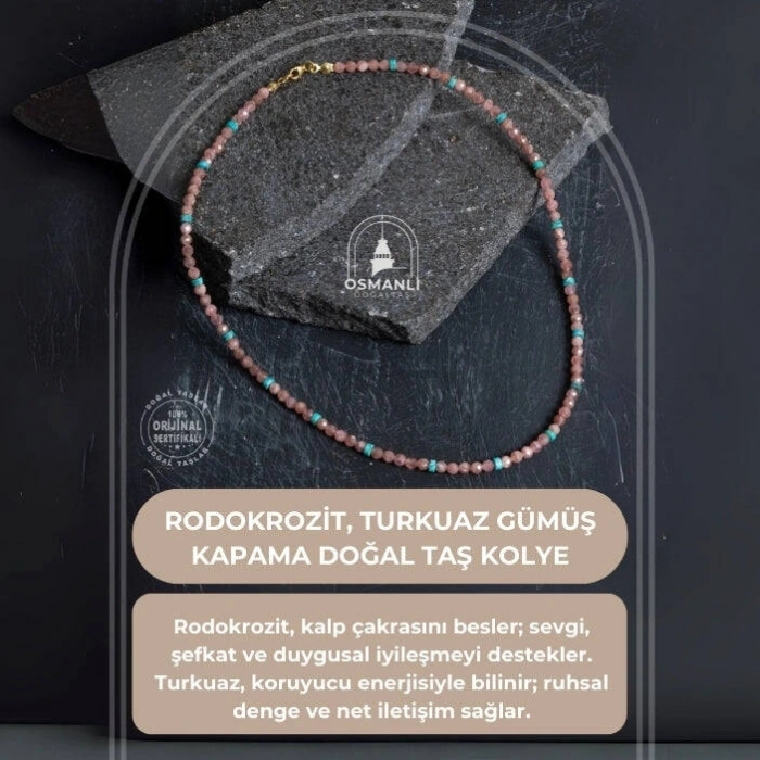 Sertifikalı Rodokrozit, Turkuaz Gümüş Kapama Doğal Taş Kolye