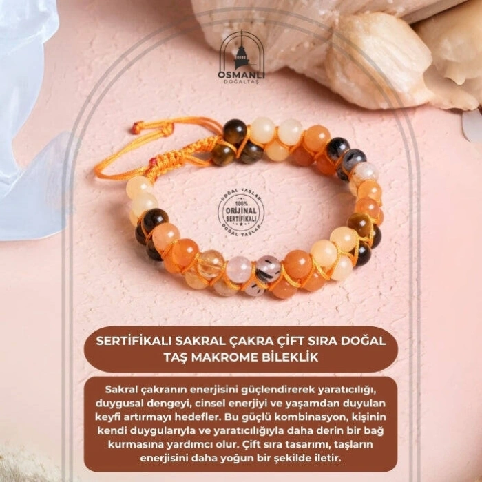 Sertifikalı Sakral Çakra Çift Sıra Doğal Taş Makrome Bileklik