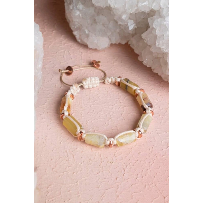 Sertifikalı Sarı Opal, Hematit Doğal Taş Makrome Bileklik