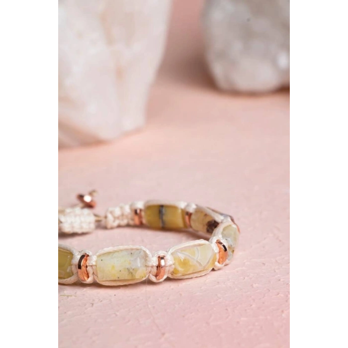 Sertifikalı Sarı Opal, Hematit Doğal Taş Makrome Bileklik