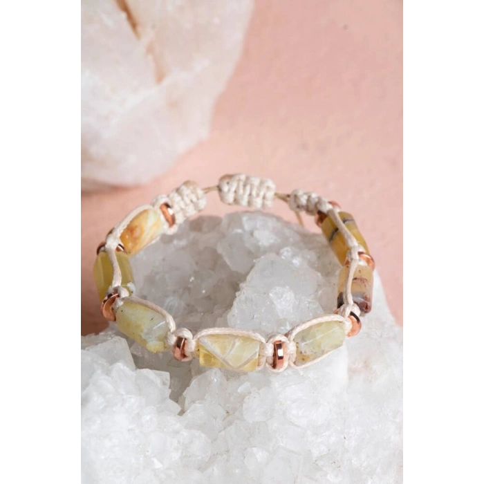 Sertifikalı Sarı Opal, Hematit Doğal Taş Makrome Bileklik