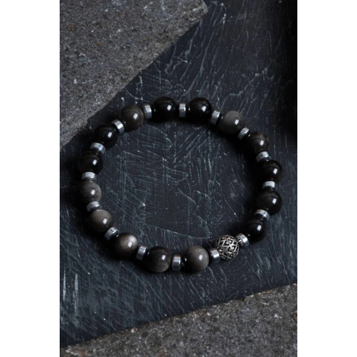 Sertifikalı Silver Obsidyen, Hematit Gümüş Aparat Doğal Taş Bileklik