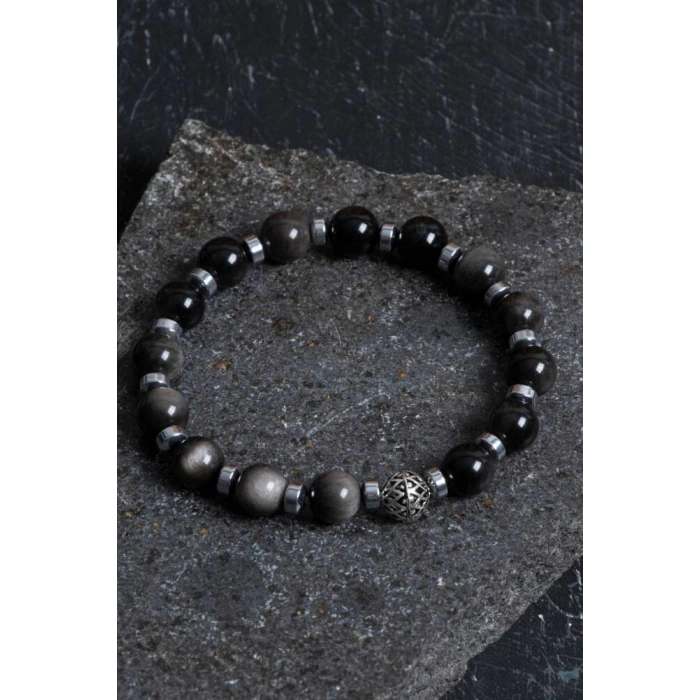 Sertifikalı Silver Obsidyen, Hematit Gümüş Aparat Doğal Taş Bileklik