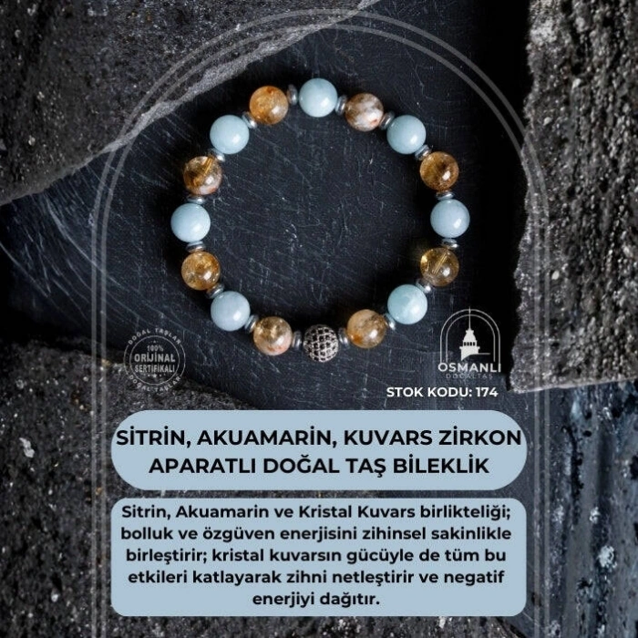 Sertifikalı Sitrin, Akuamarin, Kuvars Zirkon Aparatlı Doğal Taş Bileklik (SK:174)