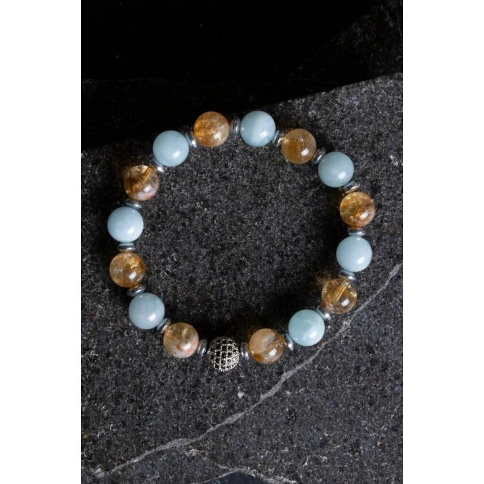 Sertifikalı Sitrin, Akuamarin, Kuvars Zirkon Aparatlı Doğal Taş Bileklik (SK:174)