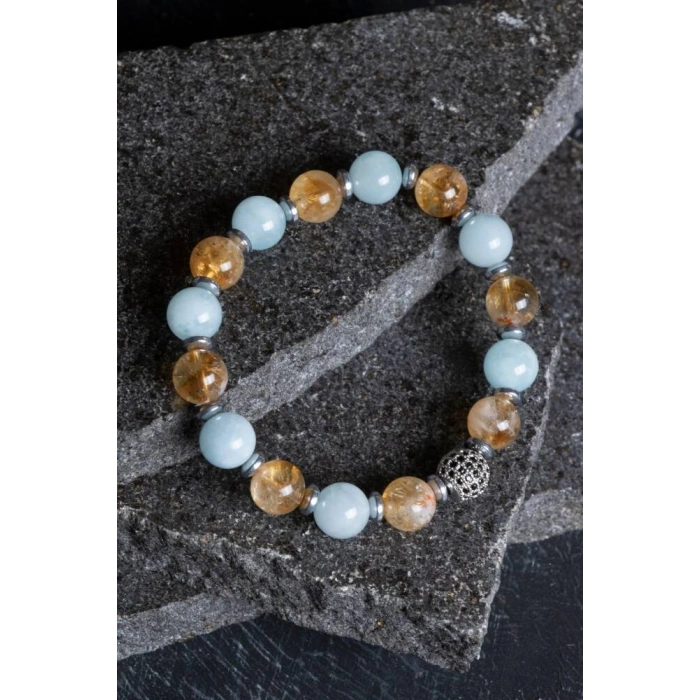 Sertifikalı Sitrin, Akuamarin, Kuvars Zirkon Aparatlı Doğal Taş Bileklik (SK:174)