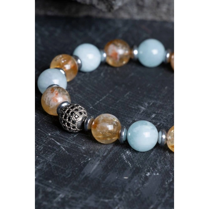 Sertifikalı Sitrin, Akuamarin, Kuvars Zirkon Aparatlı Doğal Taş Bileklik (SK:174)