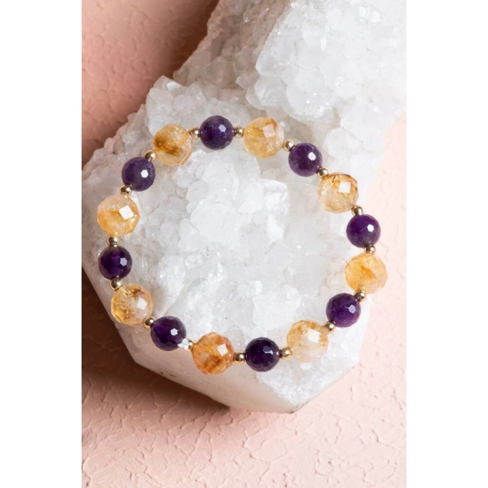 Sertifikalı Sitrin, Ametist Fasetli Doğal Taş Bileklik