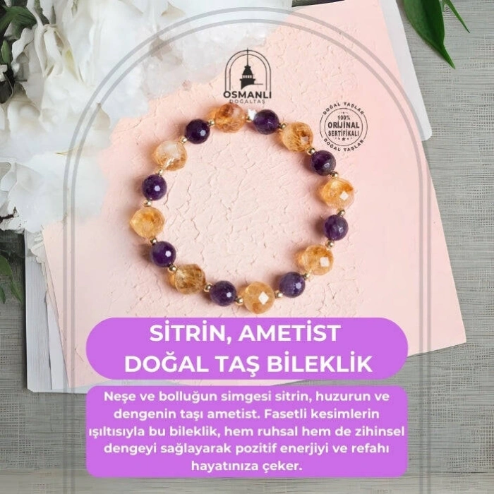 Sertifikalı Sitrin, Ametist Fasetli Doğal Taş Bileklik