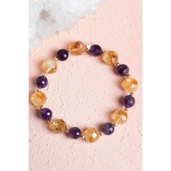 Sertifikalı Sitrin, Ametist Fasetli Doğal Taş Bileklik