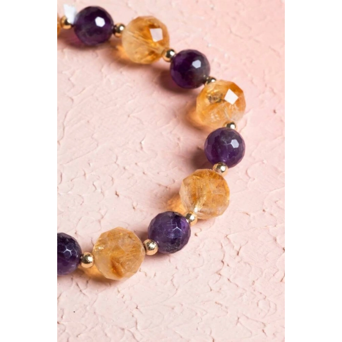 Sertifikalı Sitrin, Ametist Fasetli Doğal Taş Bileklik