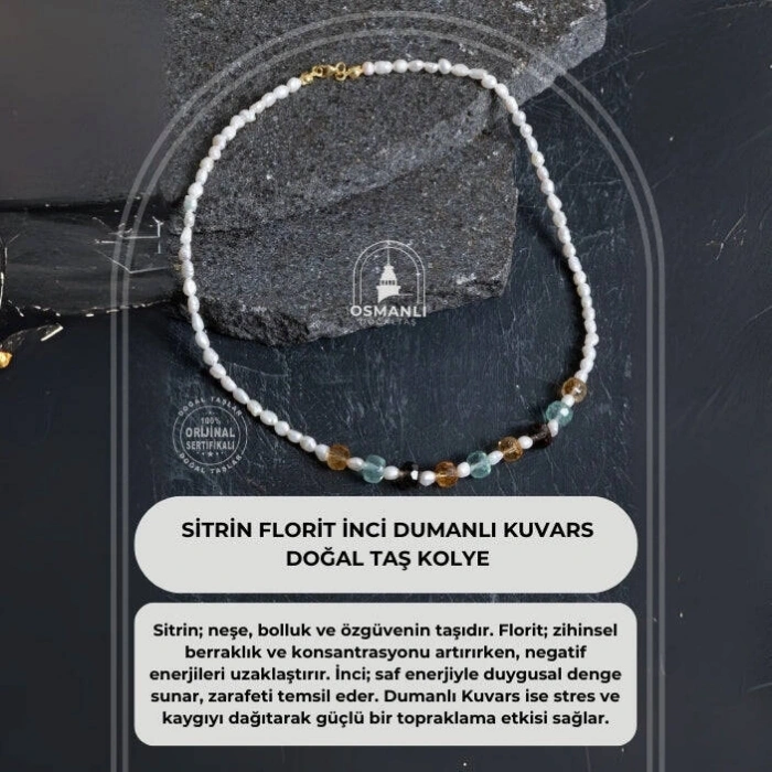 Sertifikalı Sitrin Florit İnci Dumanlı Kuvars Doğal Taş Kolye