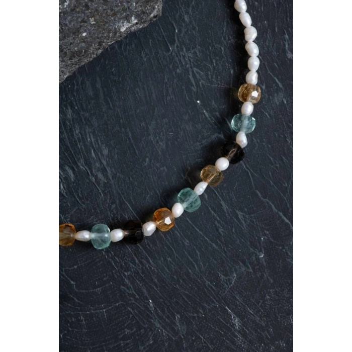 Sertifikalı Sitrin Florit İnci Dumanlı Kuvars Doğal Taş Kolye