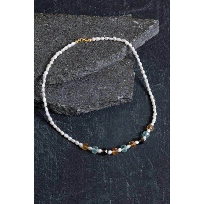 Sertifikalı Sitrin Florit İnci Dumanlı Kuvars Doğal Taş Kolye