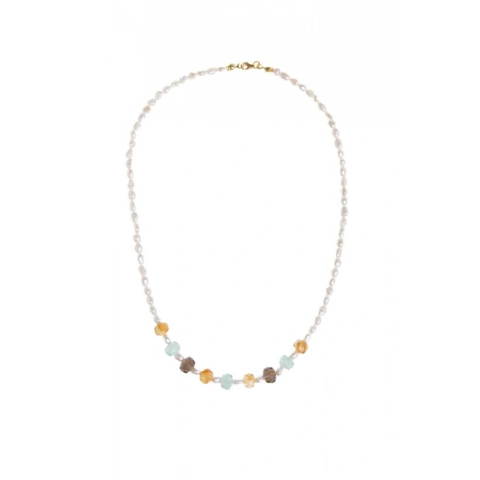 Sertifikalı Sitrin Florit İnci Dumanlı Kuvars Doğal Taş Kolye