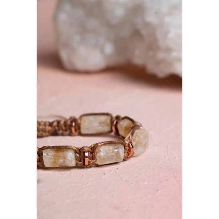 Sertifikalı Sitrin, Hematit Doğal Taş Makrome Bileklik